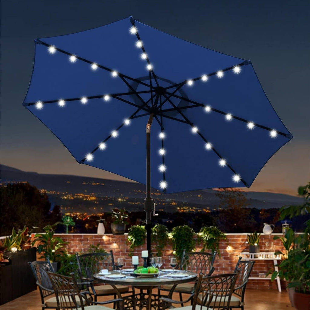 9 ft Solar Umbrella 32 LED Lighted Patio Umbrella Table Market Umbrella with Tilt and Crank Outdoor Umbrella Poo - 4M4L
