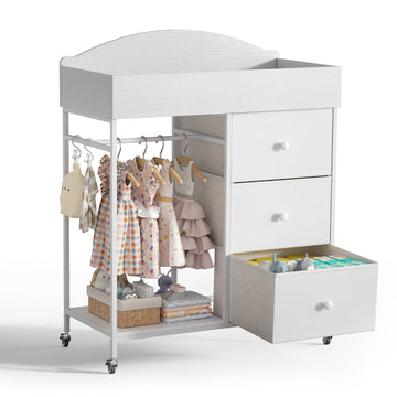 Changing Table Dresser with Clothing Rack and Storage Shelf,3-Drawer Baby Dresser with Changing Table Top,Diaper