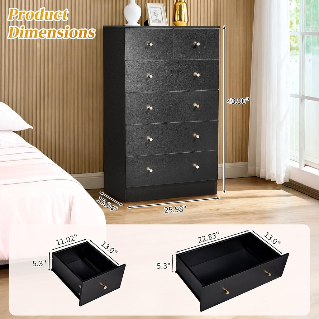 Black 6 Drawer Dresser, Rose Gold Handle Modern Bedroom Chest | Modern Wood Storage Dresser with Anti-Tipping Device