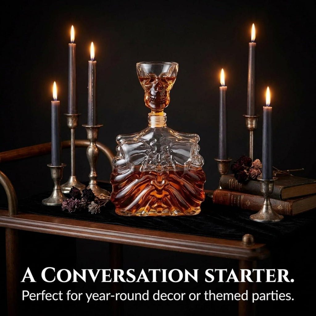 Whiskey Decanter and Shot Glass, Skull Skeleton Decanter, Halloween Decor, Skeleton Decorations, Liquor Decanter and