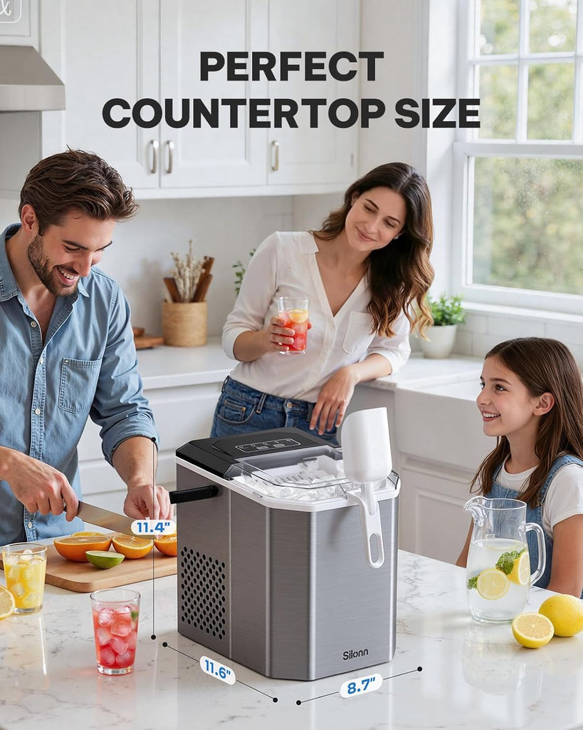 Ice Maker Countertop, Stainless Steel Portable Ice Machine with Carry Handle, Self-Cleaning Ice Makers with Basket