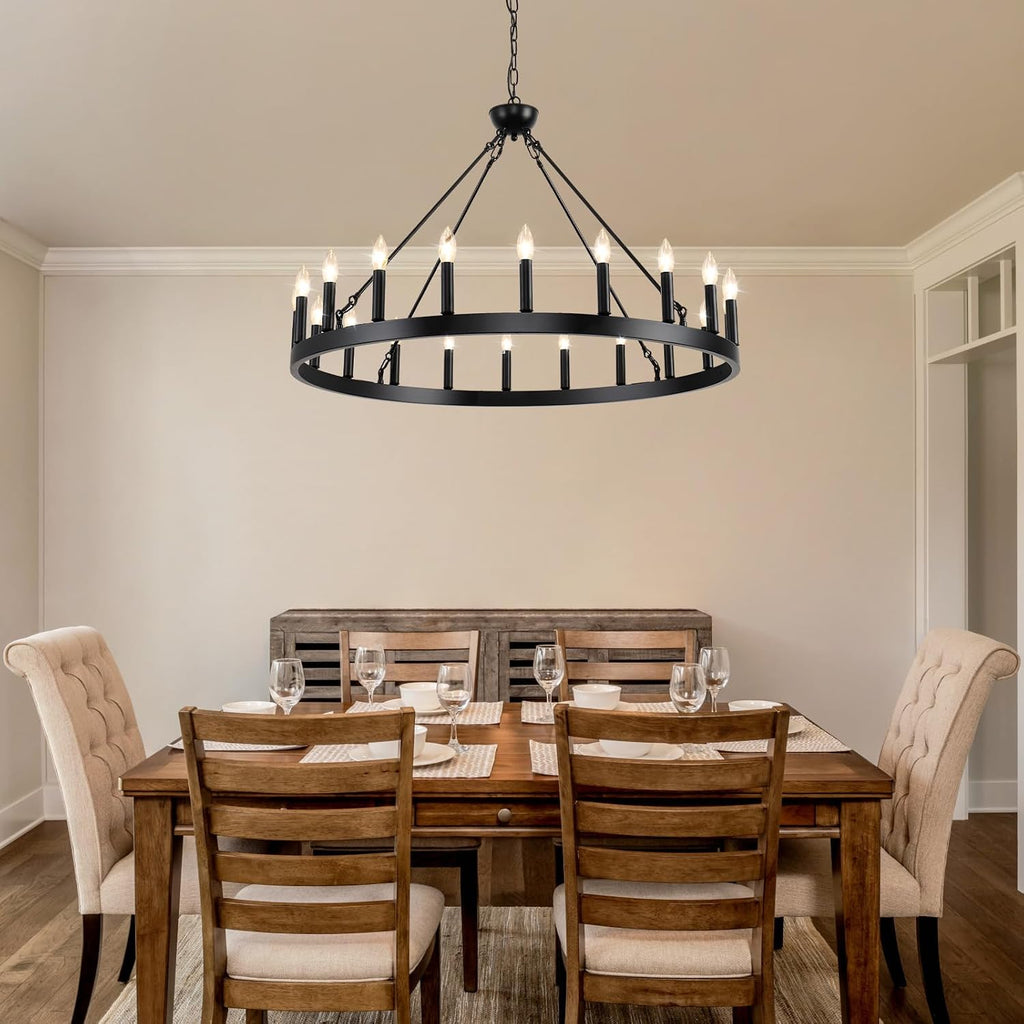 Wagon Wheel Chandeliers 40" 20-Light, Black Modern Farmhouse Chandelier with Adjustable Height