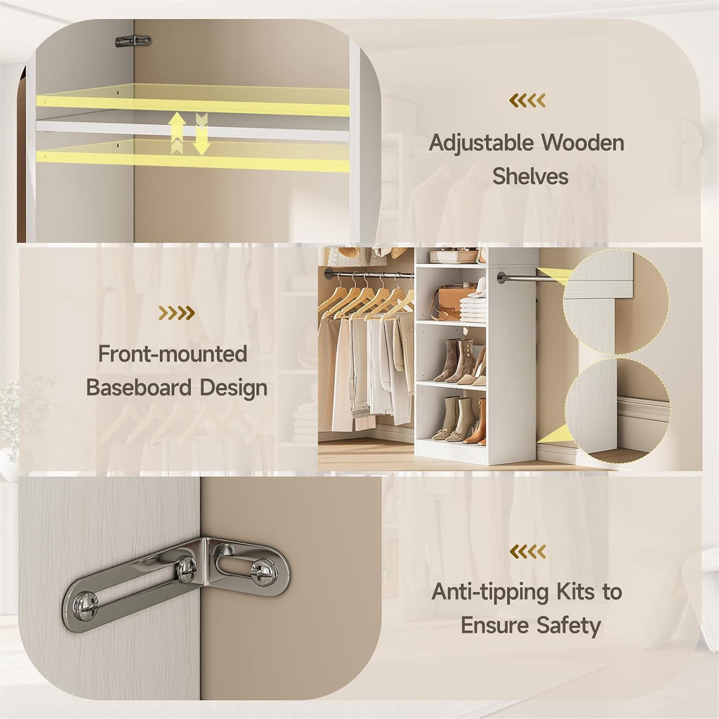 W1 Closet System, 3.5FT-7.7FT Closet Organizer System with 4 Chrome-Plated Telescopic Rods & 6 Adjustable Shelves