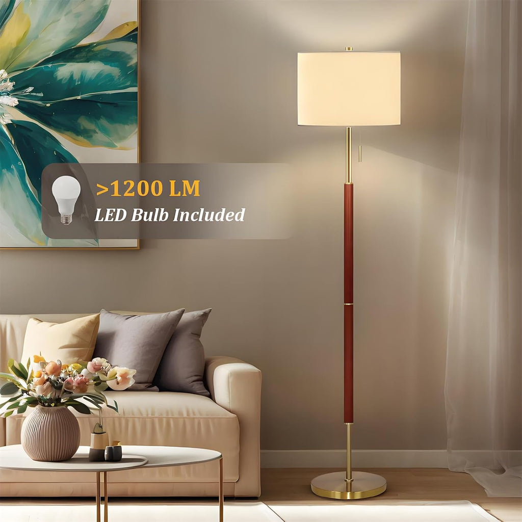 62" Walnut Gold Floor Lamp, 1200LM 3-Way Dimmable Mid Century Modern Floor Lamp Office
