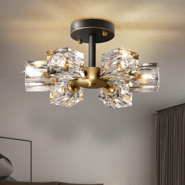 Semi Flush Mount Ceiling Light,13inch Modern Black and Gold Crystal Chandeliers,6-Lights Industrial Sputnik