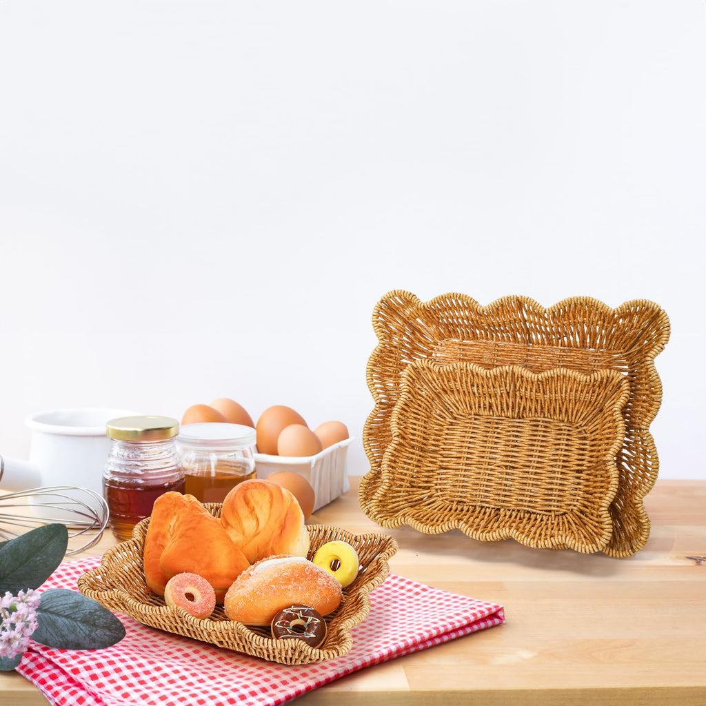 3 Pack Poly Wicker Bread Baskets, Imitation Rattan Fruit Baskets, Rectangular Tabletop Woven Serving Baskets Trays