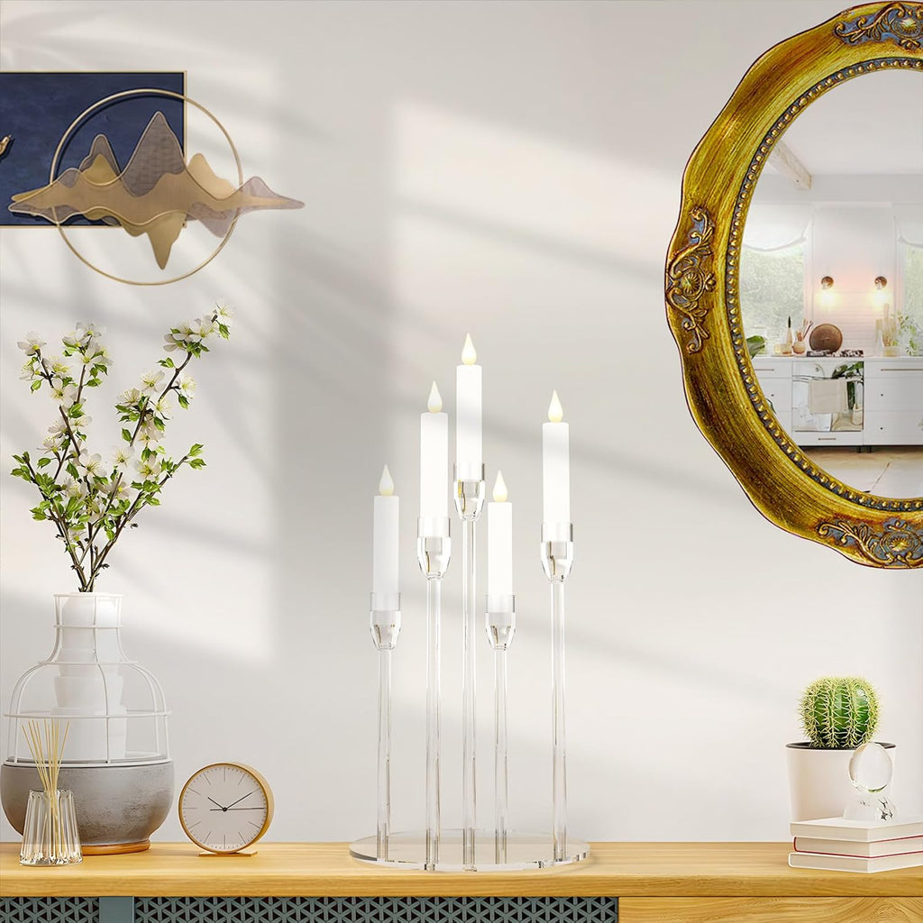 Candelabra Centerpieces for Tables 5 Arm Clear Candle Holder Fit 0.87" LED Pillar Taper Candlestick with Round