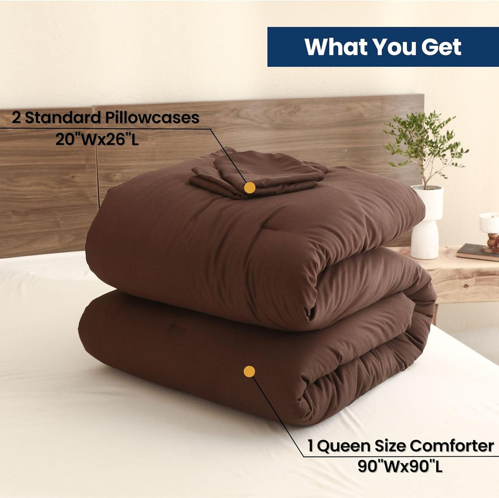 Earthy Brown Comforter, Neutral 3 Pieces Comforter Set, Lightweight Solid Bedding Set