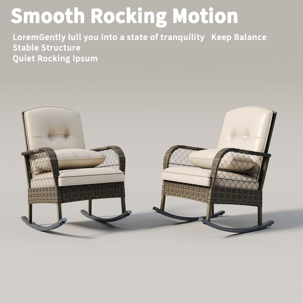 Outdoor Wicker Rocking Chair, Patio Rattan Rocker Chair with Cushions & Steel Frame, All-Weather Rocking Lawn Wicker