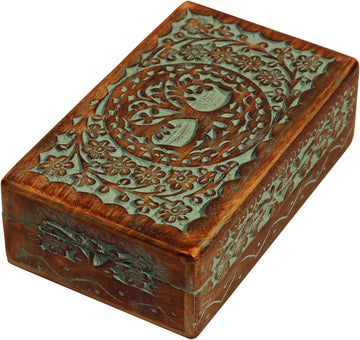 Carved Wooden Box - Decorative Memory Storage Wood Case Single Compartment for Women and Men Jewelry - Vintage