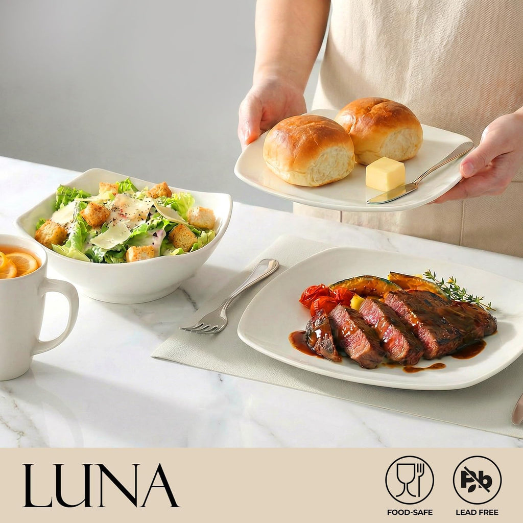 Luna Plates and Bowls Sets, 16 Piece Modern Porcelain Dish Set for 4, Chip and Scratch Resistant Square Dinnerware Set