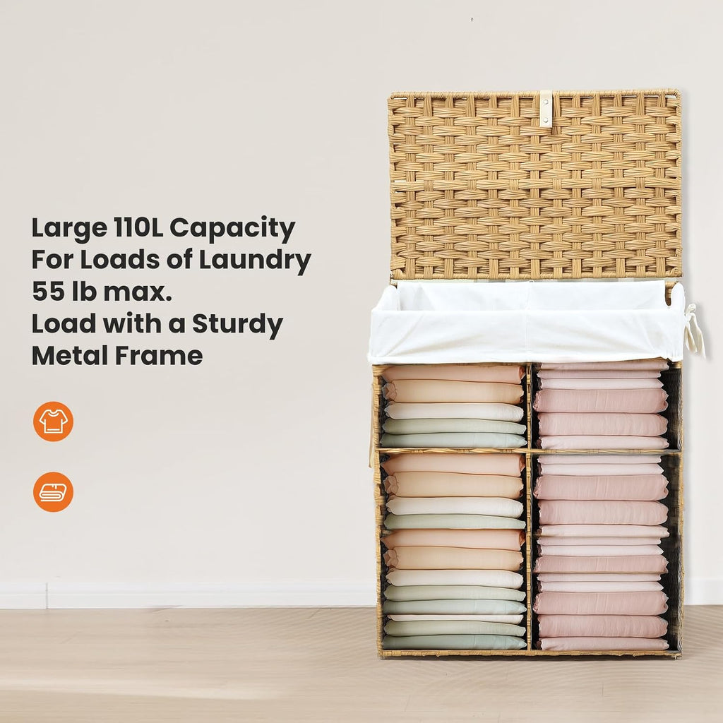 Woven Laundry Basket with Lid, 90L Large Capacity Hamper, Removable & Machine-Washable Liner, Foldable Rattan Clothes