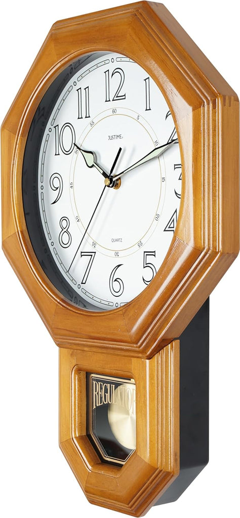 Traditional Luminous Schoolhouse Solid Wood Pendulum Wall Clock Chimes Hourly with Westminster Melody Chime Made in Taiwan (Natural Wood...