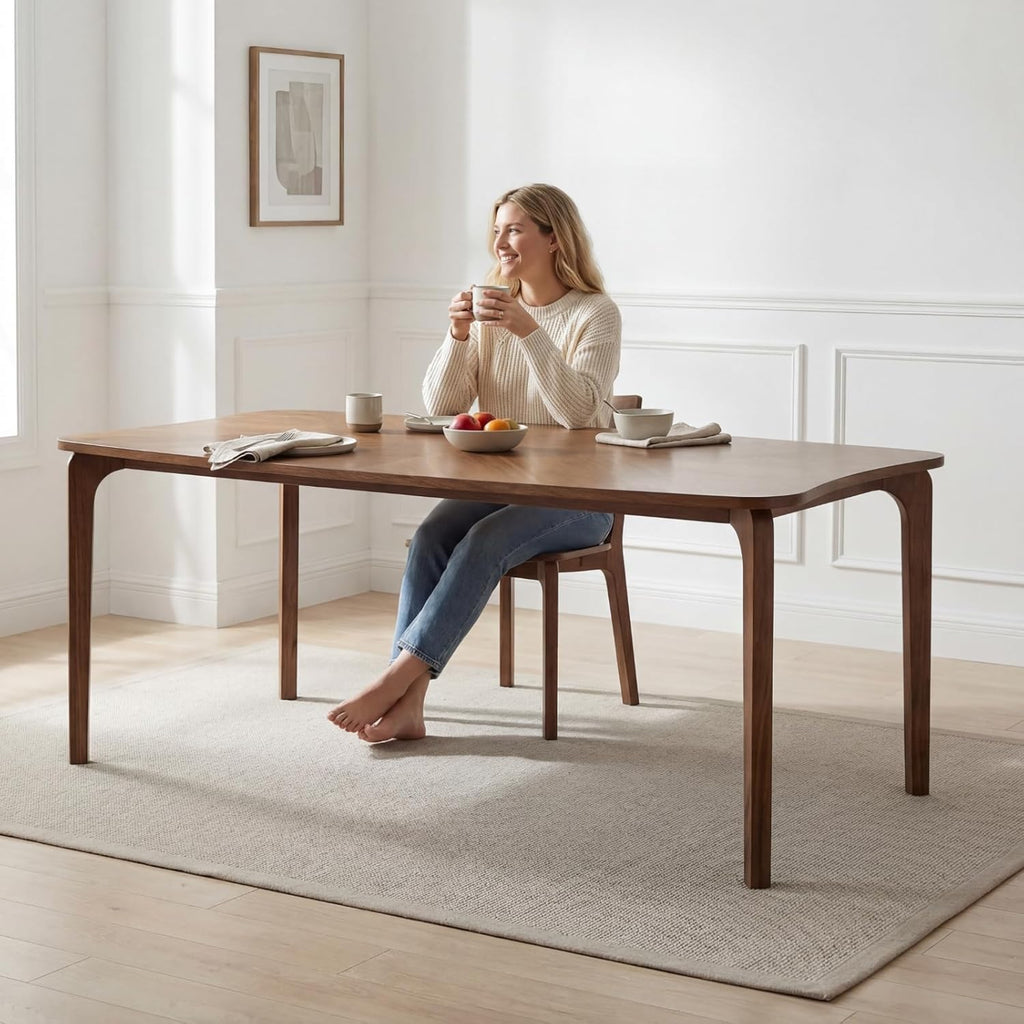 Mid-Century Modern Walnut Color Dining Table, 63" Rectangular Kitchen Table with Solid Wood Legs, Curved Edges