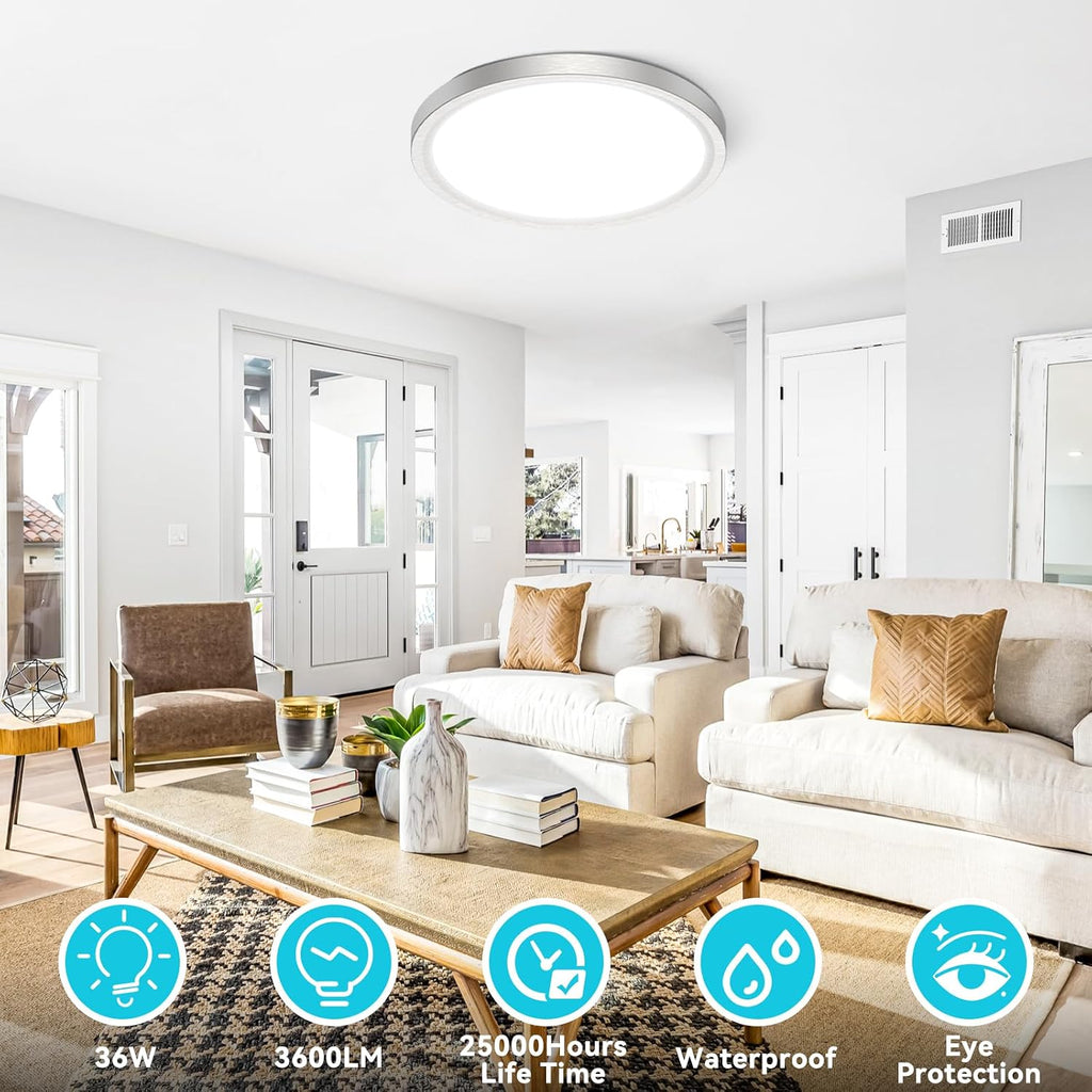 16 inch Flush Mount LED Ceiling Light Fixture, 3000K 4000K 6500K Adjustable, 36W 3200lm Brushed Nickel Satin Round