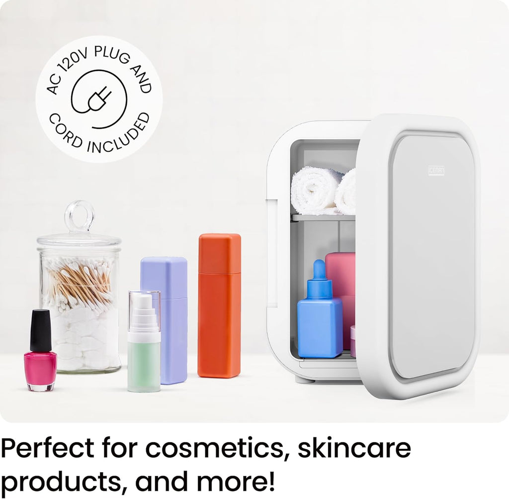 Portable Mini Fridge - Fits 6 x 12 oz Cans, Cooler and Heater Mini Fridge for Bedroom, Car, Office, Dorm and Skincare