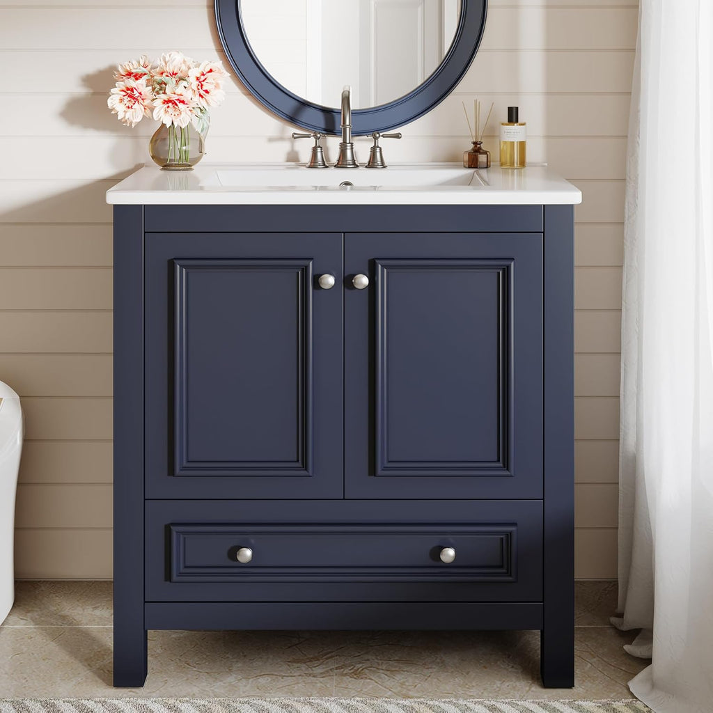 30" Modern Bathroom Vanity with Sink, Freestanding Bathroom Vanities Cabinet with Ceramic Basin Combo