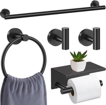 Matte Black Bathroom Hardware Set, 5 Pieces Black Towel Bar Bathroom Accessories Set, Upgraded Toilet Paper Holder