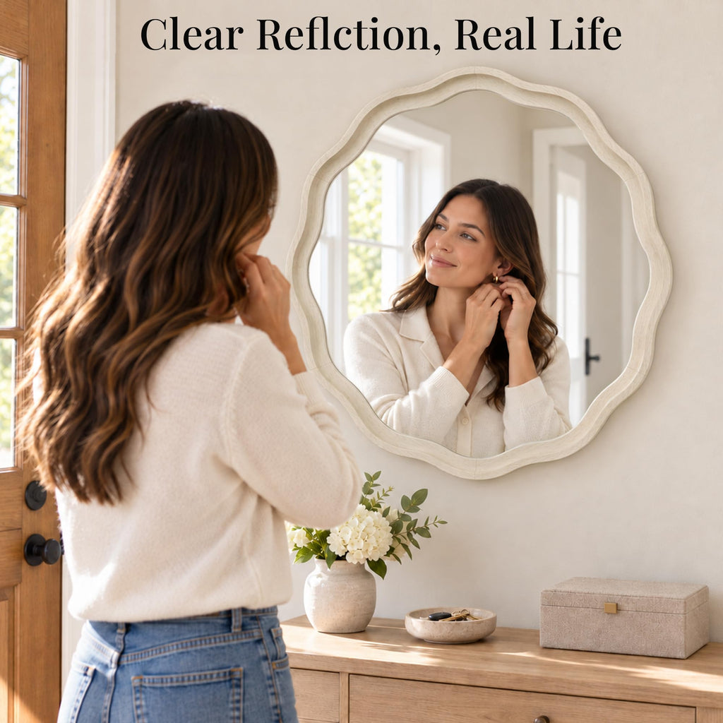30 Inch Washed White Scalloped Round Bathroom Mirror, Wood Frame