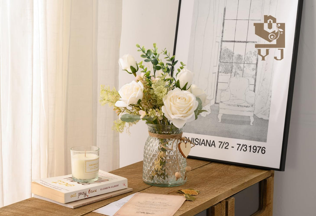 Fake Flowers with Vase, Silk Roses Artificial Flowers in Vase, Faux Flower Plant Arrangement Suitable Decoration