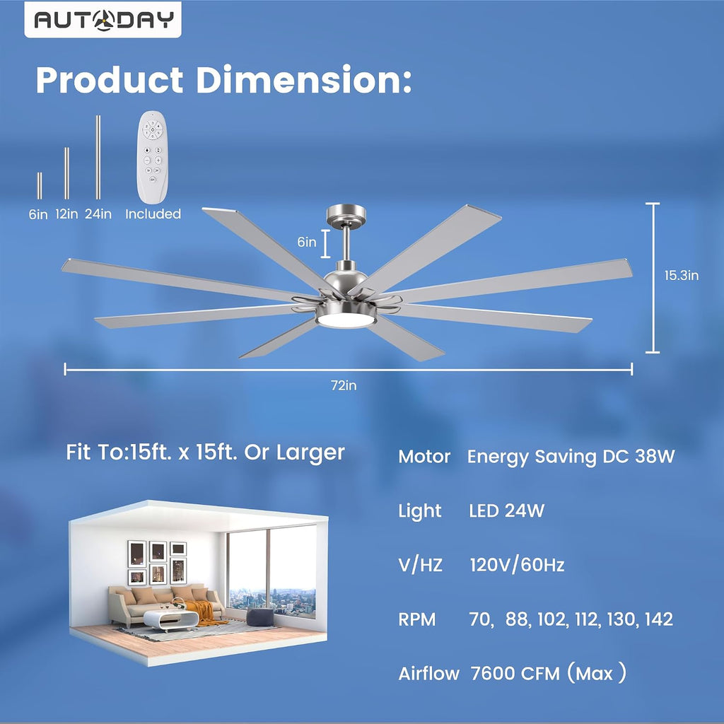 72" Ceiling Fan with LED Light and Remote - Brushed Nickel / Walnut