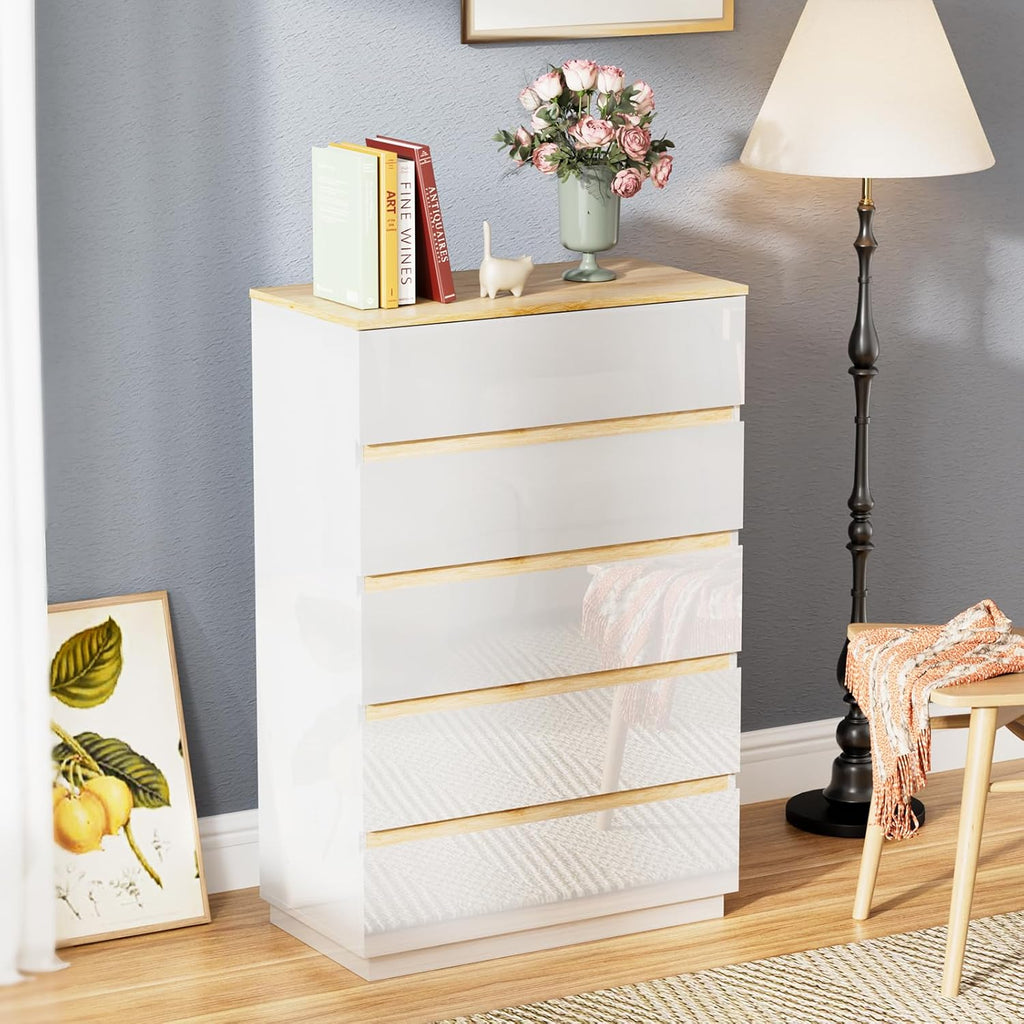 5 Drawer Dresser , 45" H Tall Dresser Chest of Drawers, High Gloss Wood Modern Storage Cabinet with Brown Top