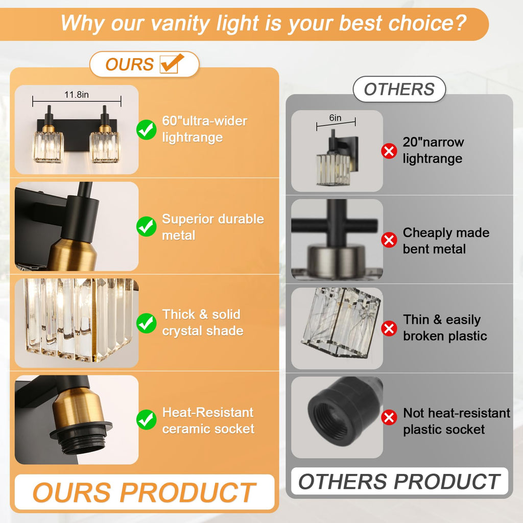 Modern Crystal Bathroom Vanity Light 2-Lights Black and Gold Bathroom Light Fixtures Over Mirror Bath Wall Sconce