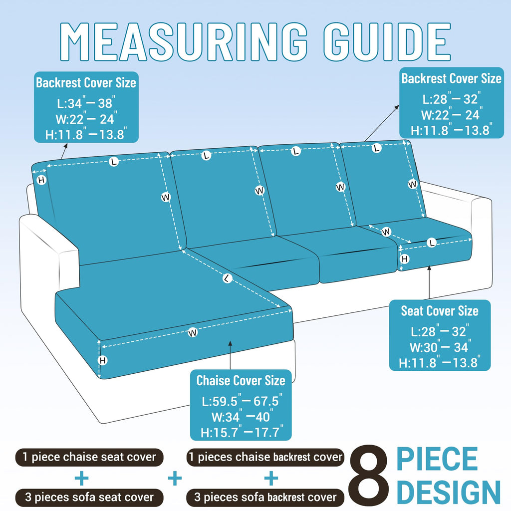 100% Waterproof Sectional Couch Cushion Covers 8 Pieces L Shape Sectional Cover Stretch Chaise Sofa Seat Slipcover
