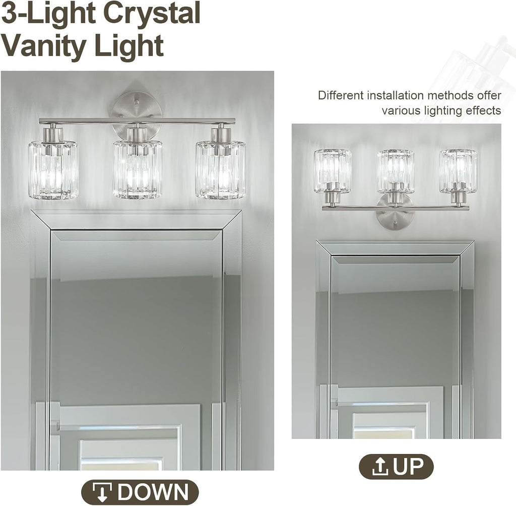 Modern Brushed Nickel Crystal Bathroom Light Fixtures,3-Light | Bathroom Lighting Fixtures over Mirror,Vanity Lights