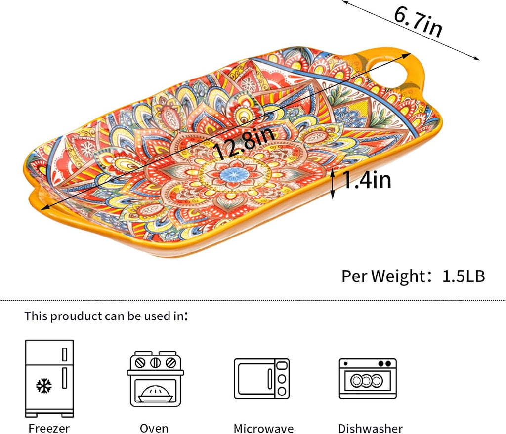 Boho Ceramic Serving Platters with Handles Set of 4, 12Inch Large Serving Dishes for Entertaining, Colorful Cute