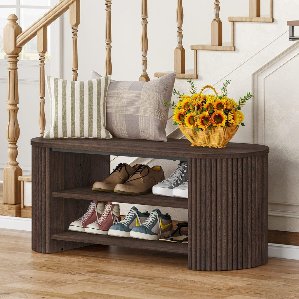Shoe Storage Bench, Oval Fluted Entryway Bench with 5-Position Adjustable Shelf, Modern Mid-Century Wood Benches