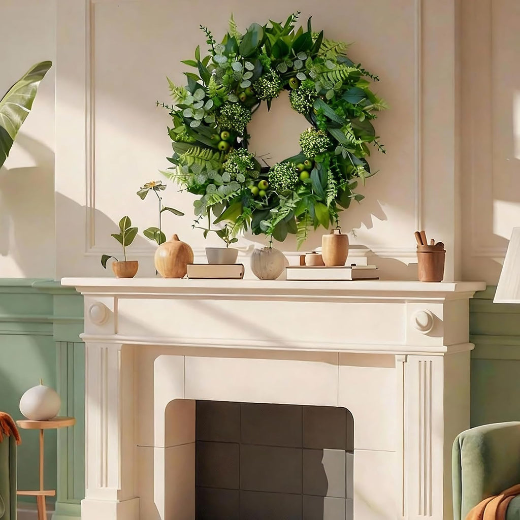 24 Inch Artificial Greenery Wreath for Front Door - Green Wreath with Eucalyptus and Fern Leaves, Spring Summer Fall