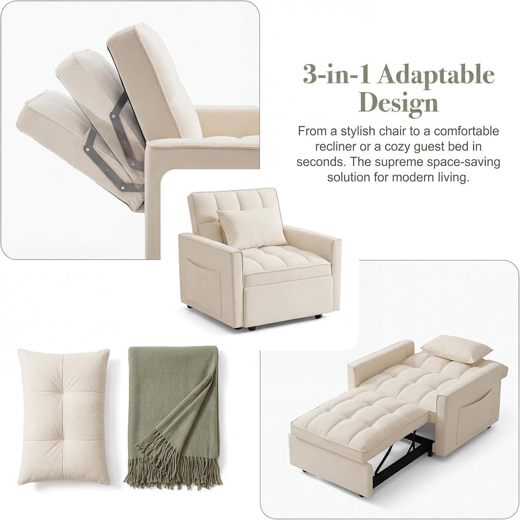 Sleeper Chair with Pull Out Bed, 3 In1 Convertible Couch Bed, White | Adjustable Backrest,Soft Cushioning,Handy Side