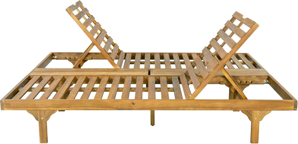 Acacia Wood Chaise Lounge Chair Set of 2, Double/Single Outdoor Sunbathing Pool Lounger, Patio Wooden Adjustable