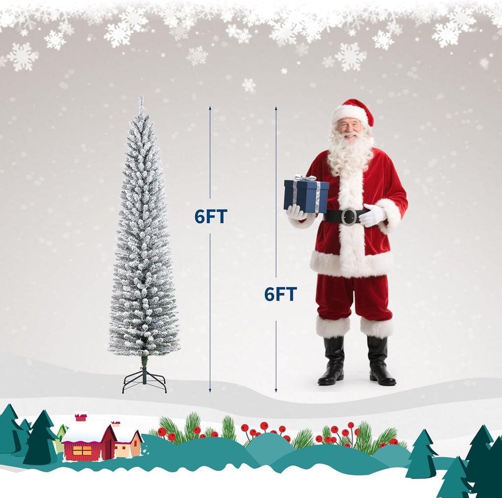 6 ft Pencil Prelit Christmas Tree, Snow Flocked Xmas Tree