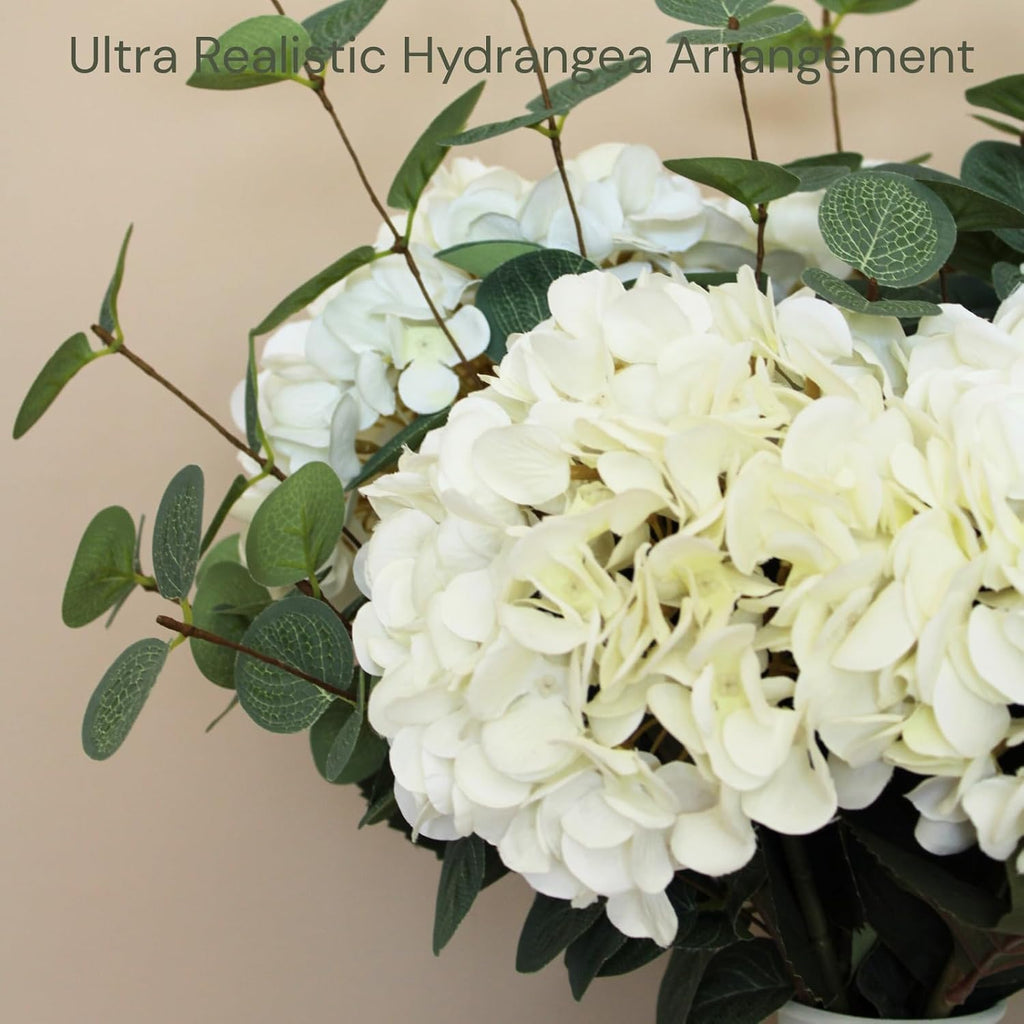 Real Touch White Faux Hydrangea And Eucalyptus Arrangement, Faux Floral Arrangements, Hyper Realistic Artificial