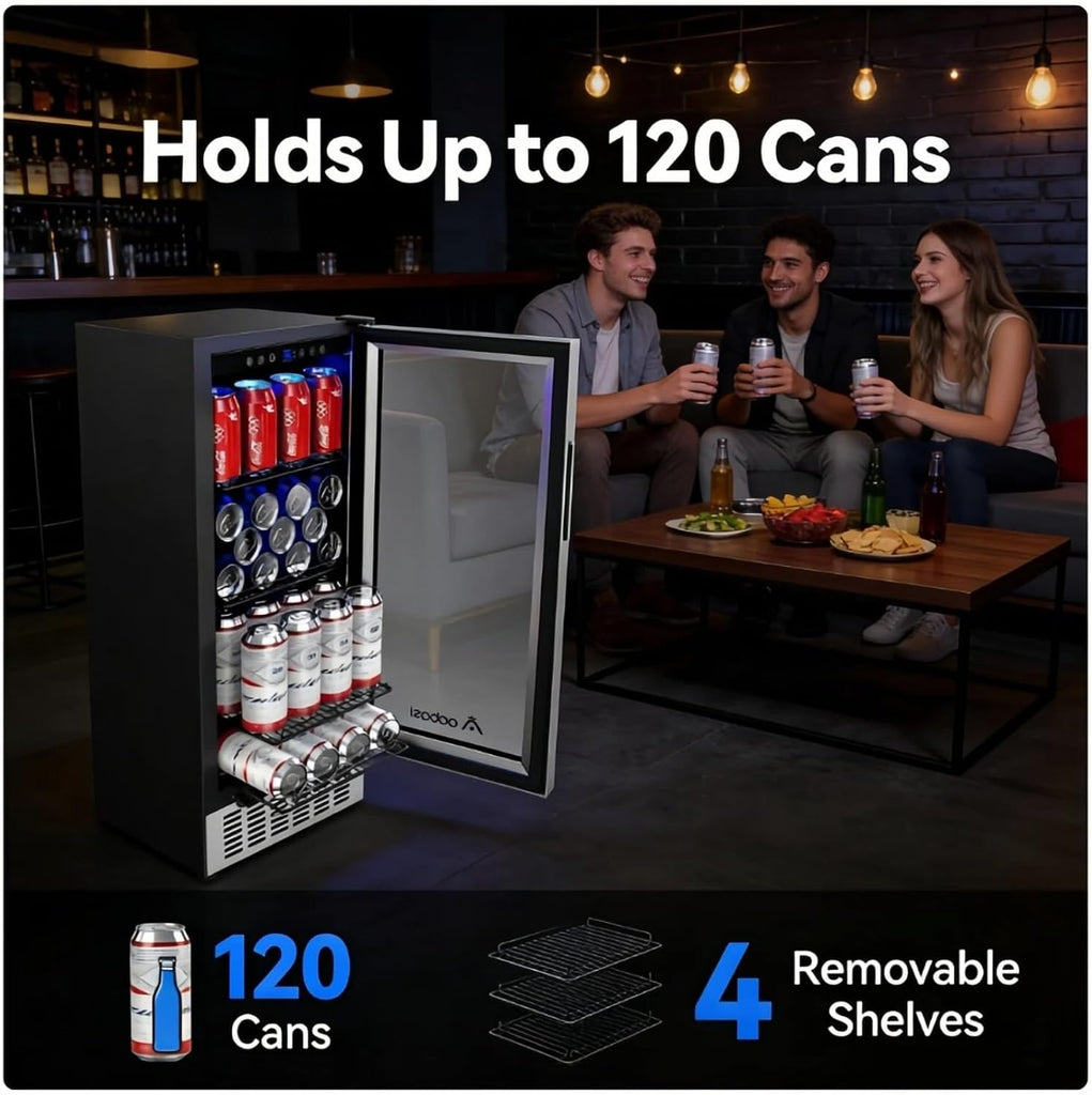Beverage Cooler 15 Inch Hold 120 Cans,Under Counter/Freestanding Beverage Refrigerator Glass Door,Built
