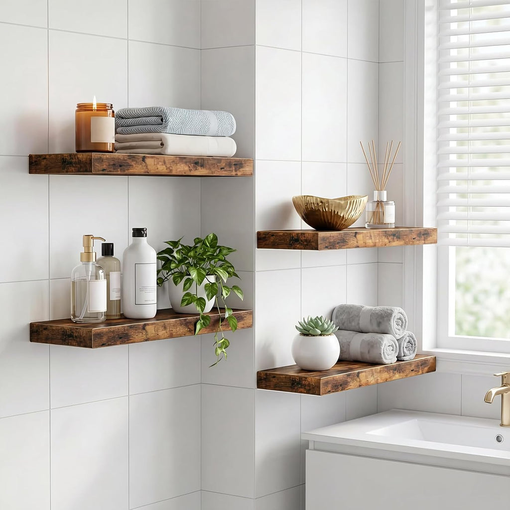 Floating Shelves for Wall Decor (Rustic Brown, Set of 4, 15.7 Inch) | MDF Shelves with Metal Brackets, Space Saving