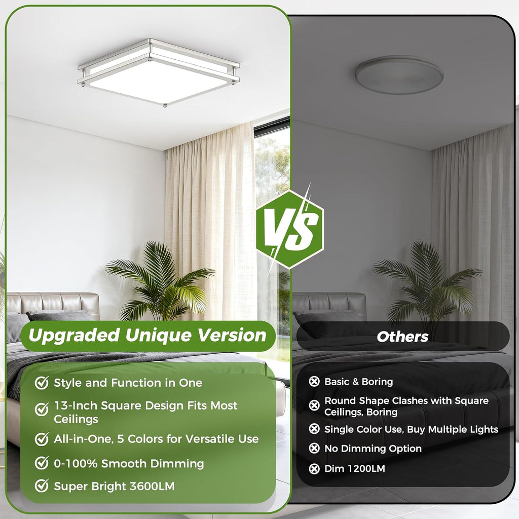 13 Inch Dimmable Square LED Ceiling Lights, 2-Pack 36W Brushed Nickel Flush Mount Light Fixtures, 3200LM Super Bright