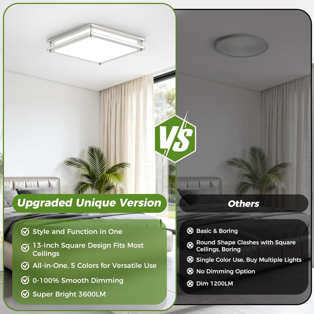 13 Inch Dimmable LED Ceiling Lights , 1-Pack 36W Square Flush Mount Light Fixtures, 3200LM Super Bright