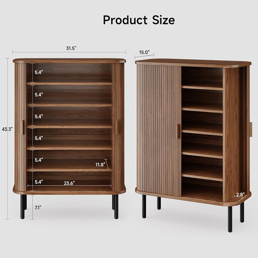 6-Tier Shoe Cabinet with Sliding Door, Wooden Shoe Storage Cabinet with Adjustable Shelves, Mid-Century Modern