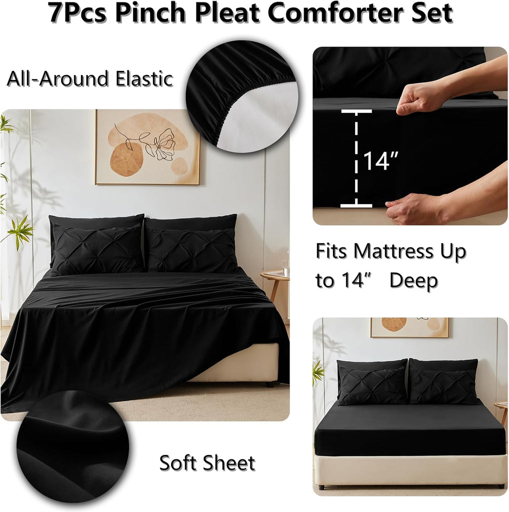 Comforter Set 7 Pieces Bed in A Bag Black Luxury Soft Bed Set Pintuck Pinch Pleat Bedding Sets