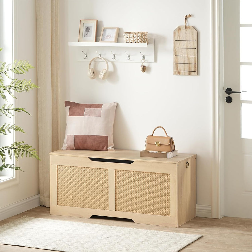 Storage Bench, 43.3" Toy Box, Rattan-Like Storage Chest, Sturdy Entryway Bench Supports 220 lb, Toy Chest, Safety