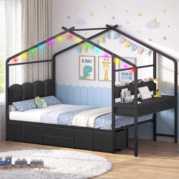 Twin Kids Bed with Desk,Metal House Bed with Headboard,Black | Unique House Roof Frame ,Space-Saving All-In-One Kids