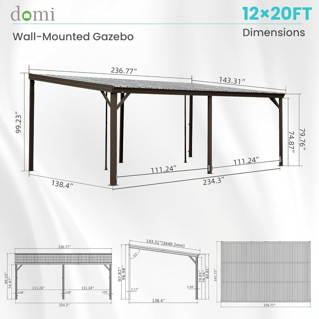12' x 20' Lean to Gazebo, Wall Mounted Gazebos Pergola with Built in Drainage System, Galvanized Steel Roof