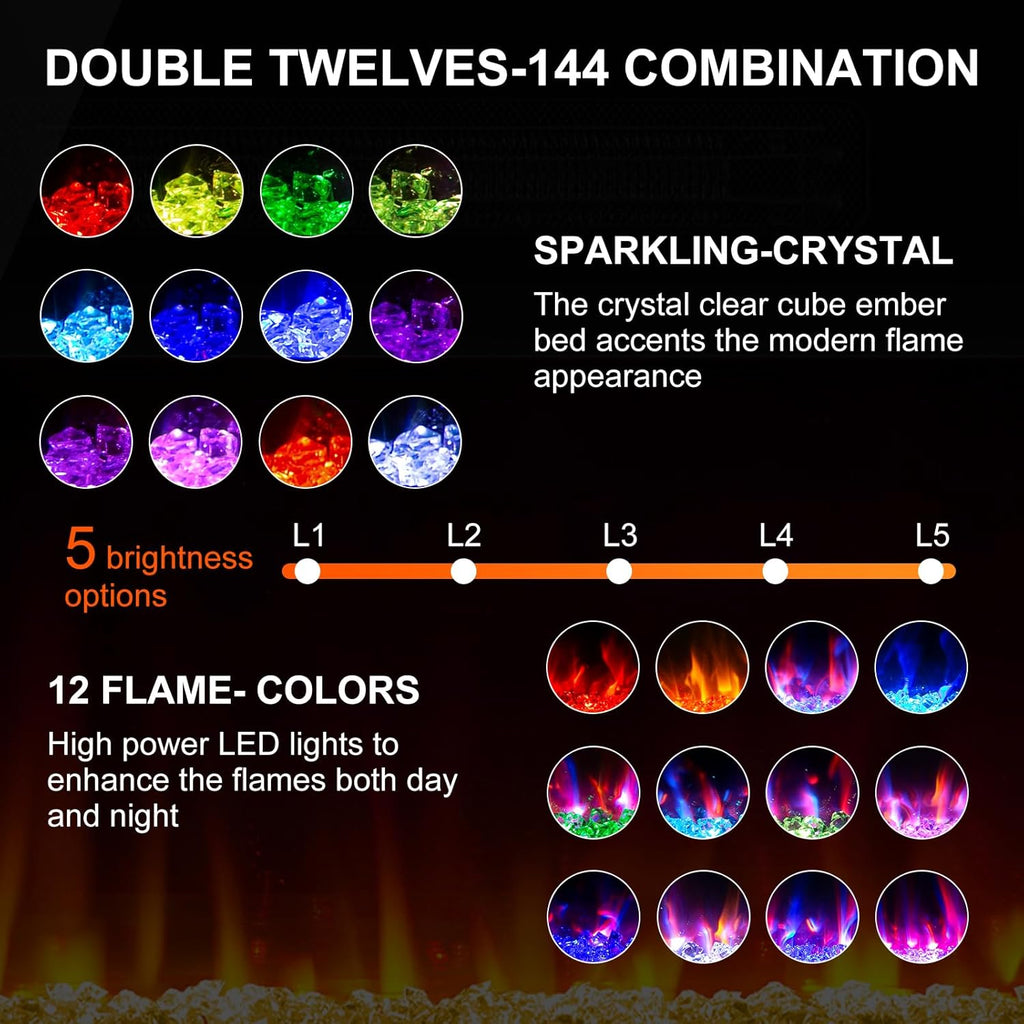 60" Ultra Thin Electric Fireplace Insert-ETL Certified, Recessed/Wall Mount, 3D Flame with Crystal