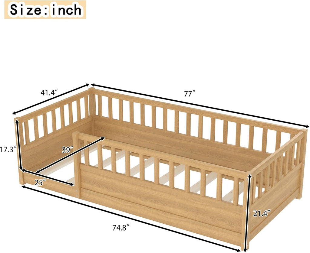 Twin Floor Bed with high Fence, Solid Pine Wood Montessori Bed for Kids Girls Boys Floor Bed Frame,Natural with slats