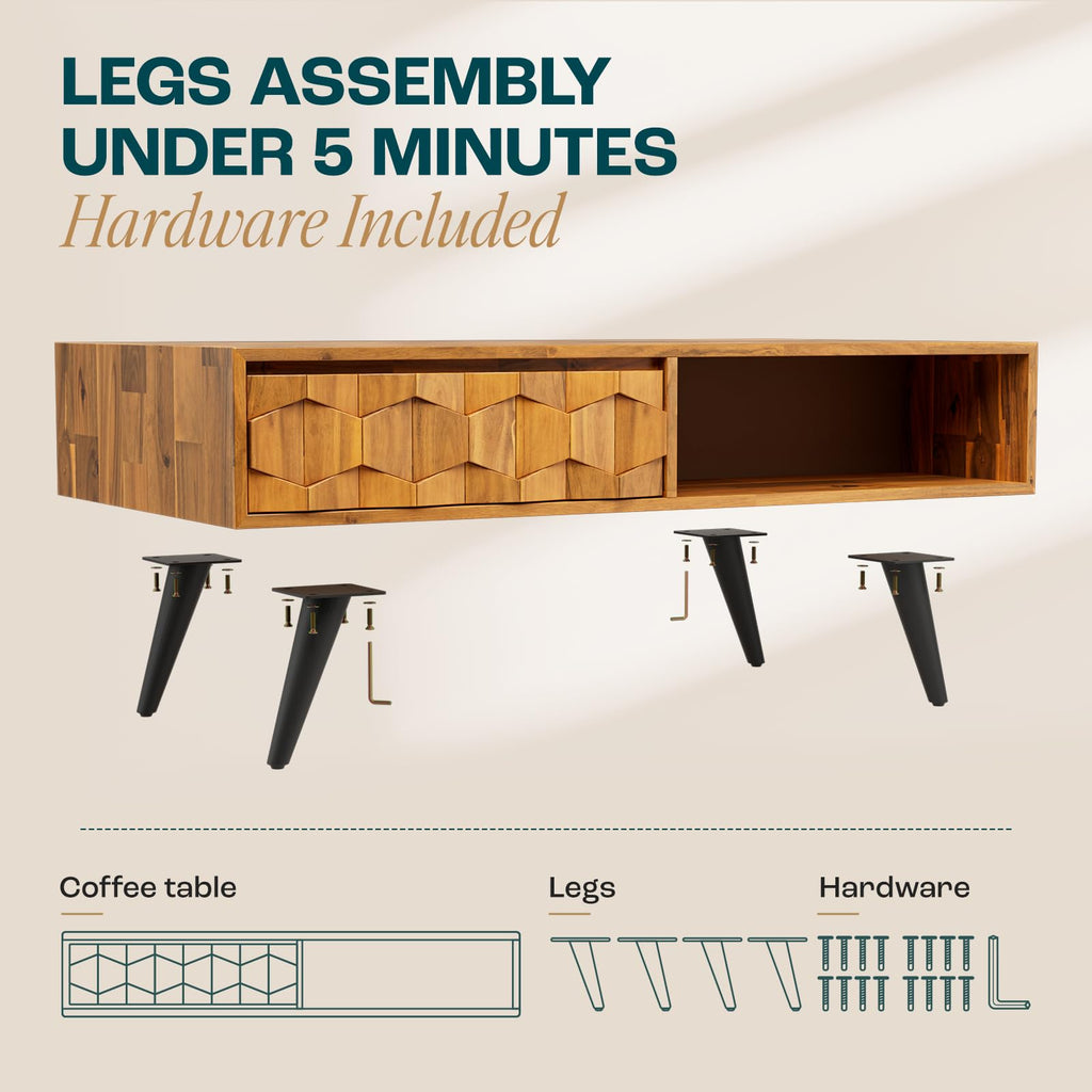 Georgina Solid Wood Coffee Table, 2 Drawers & Open Shelves, Teak Brown