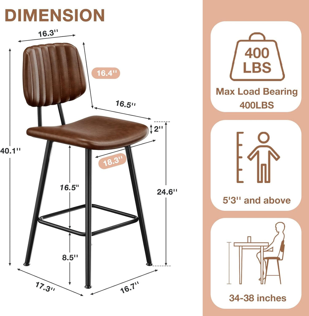 24-Inch Leather Bar Stools Set of 2, Counter Height Barstools with High Backrest，Bar Chairs Island with Heavy Duty