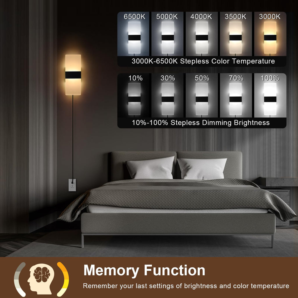Plug in Wall Sconces with Adjustable 3000K-6500K Colors & 10%-100% Brightness, Wall Sconces Set of Two with Remote